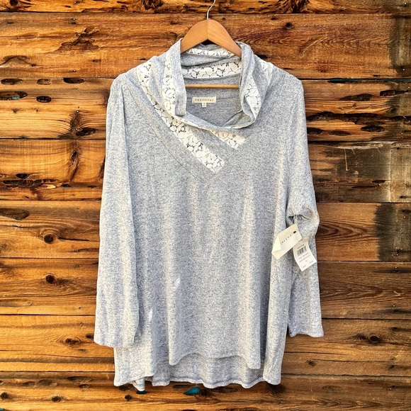 RETROLOGY | NWT Gray Cowl Neck Top with Lace Detail 1X - Picture 1 of 5